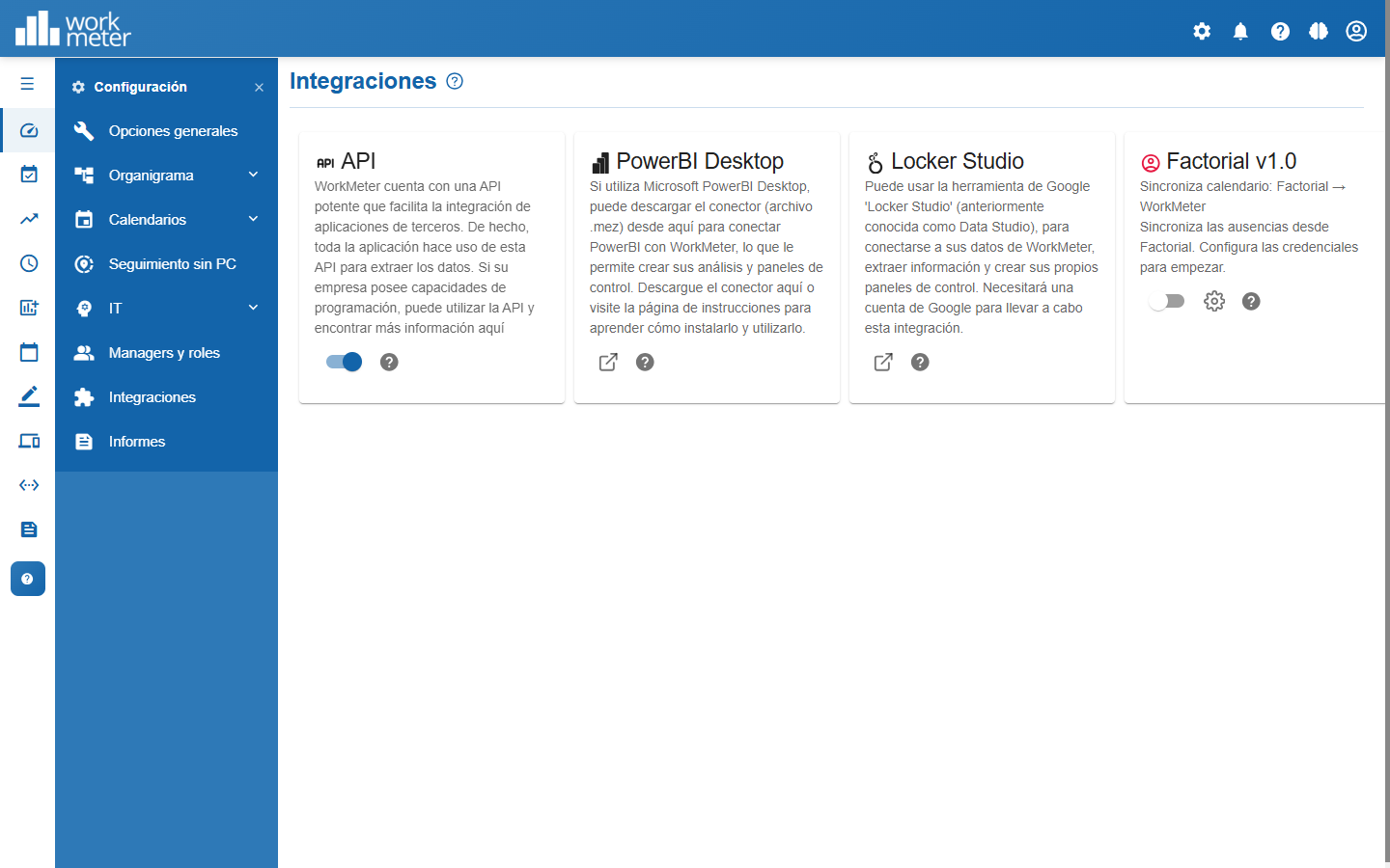 Panel de Integraciones con la tarjeta de Factorial sin configurar