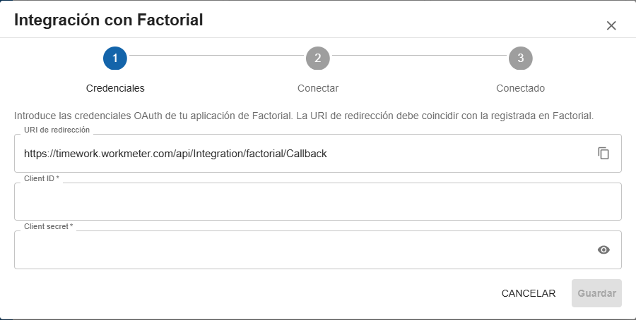 Asistente de Factorial — paso Credenciales