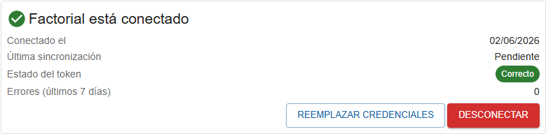 Estado conectado de Factorial en WorkMeter