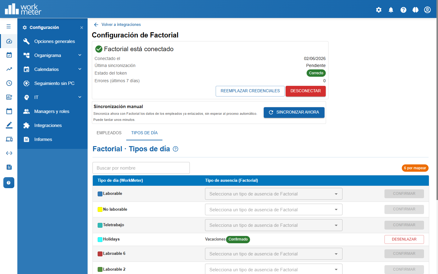 Mapeo de tipos de día WorkMeter ↔ ausencias de Factorial