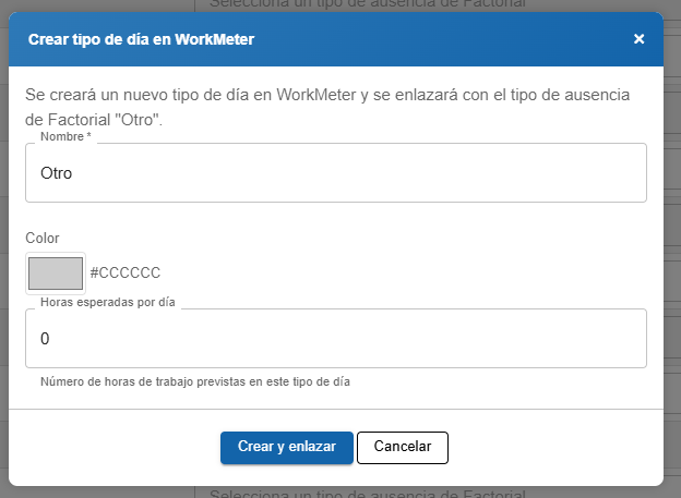 Modal para crear un tipo de día en WorkMeter