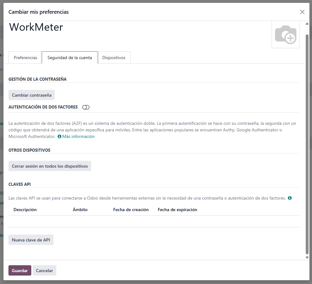Odoo: Preferências, aba Segurança da conta, bloco Chaves API