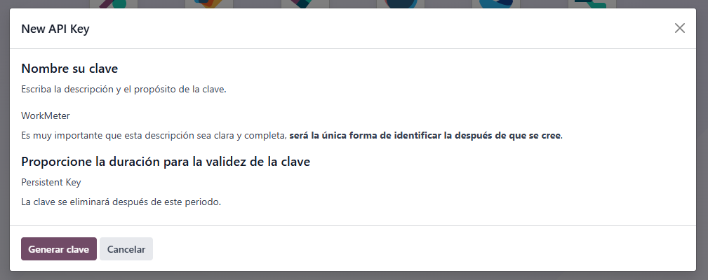 Odoo: diálogo de nova chave API com descrição e duração