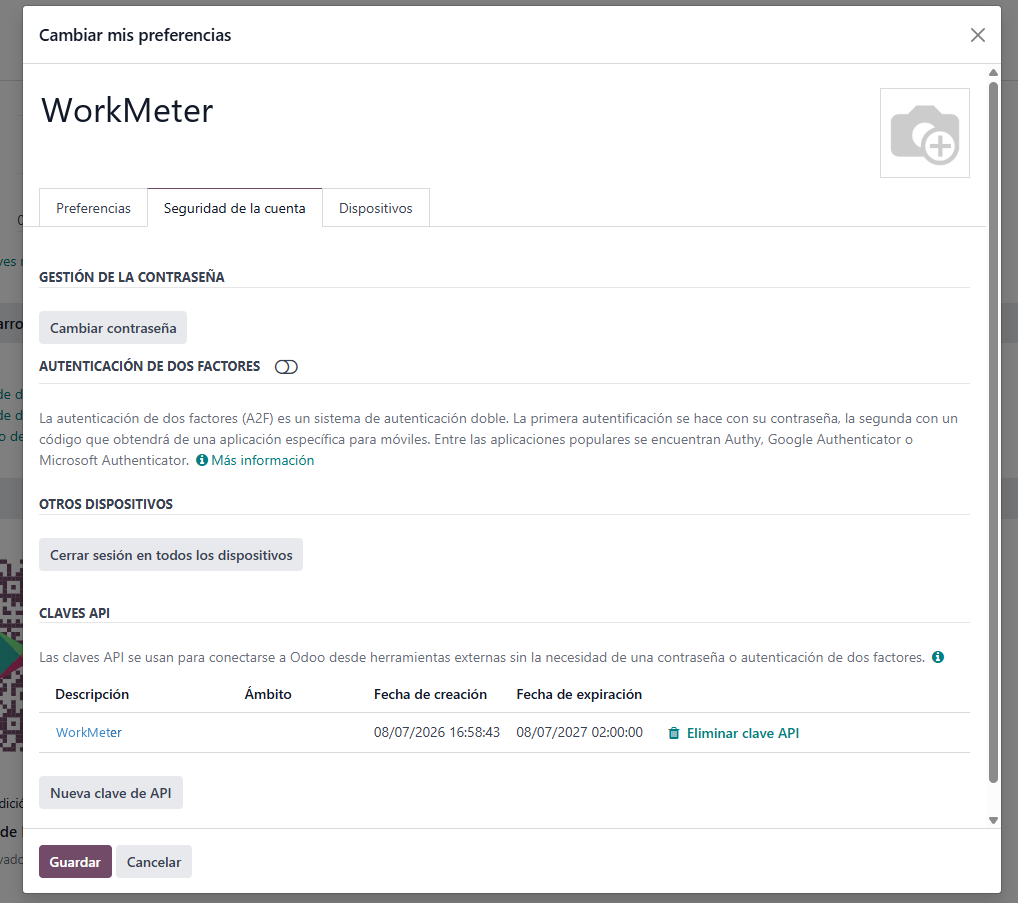 Odoo: a chave criada aparece na lista Chaves API com sua data de expiração