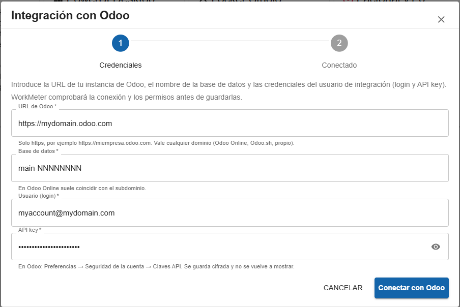 Assistente do Odoo — passo Credenciais