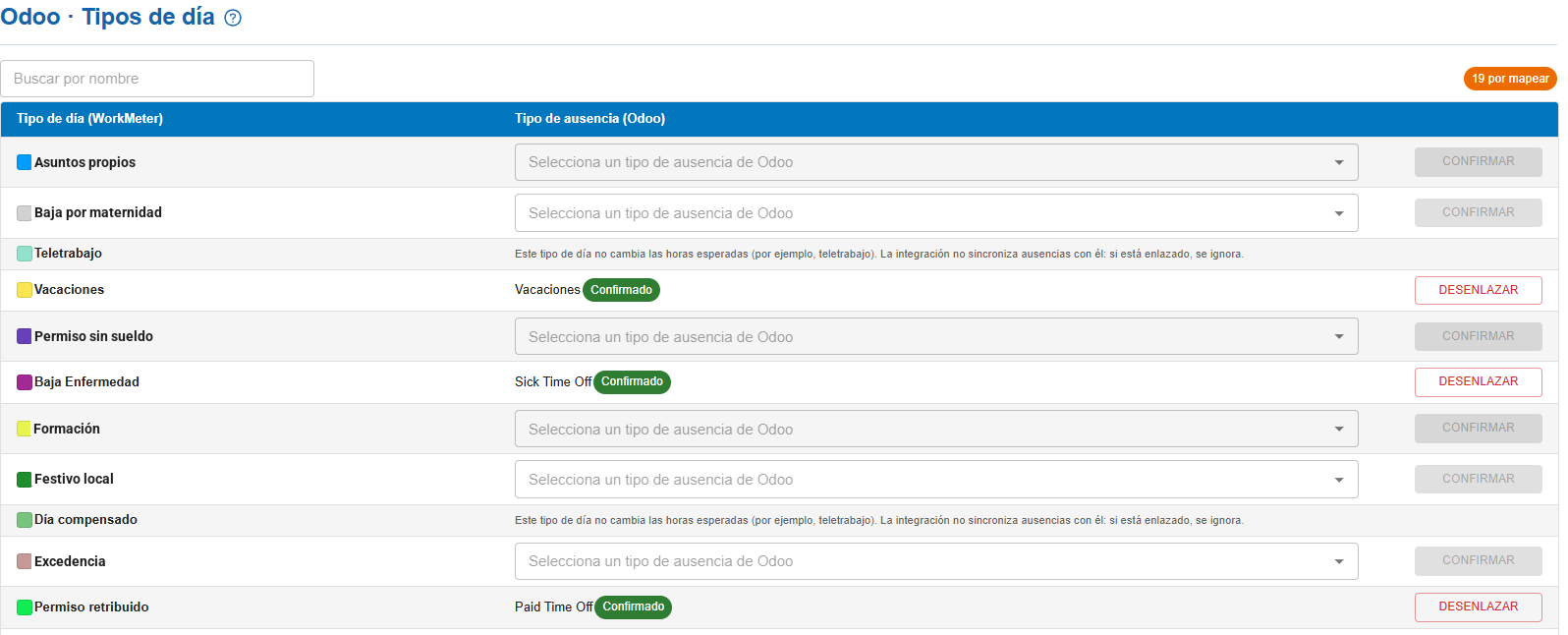Mapeamento de tipos de dia WorkMeter ↔ ausências do Odoo